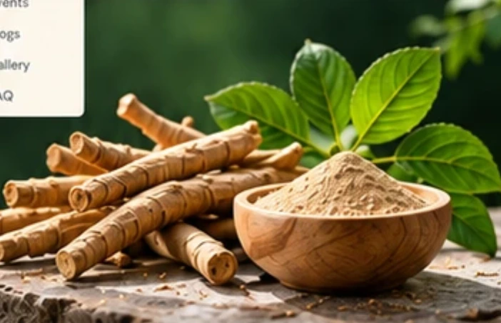 Ashwagandha roots with extract powder in a wooden bowl