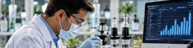Analyst working beside a chromatography data screen